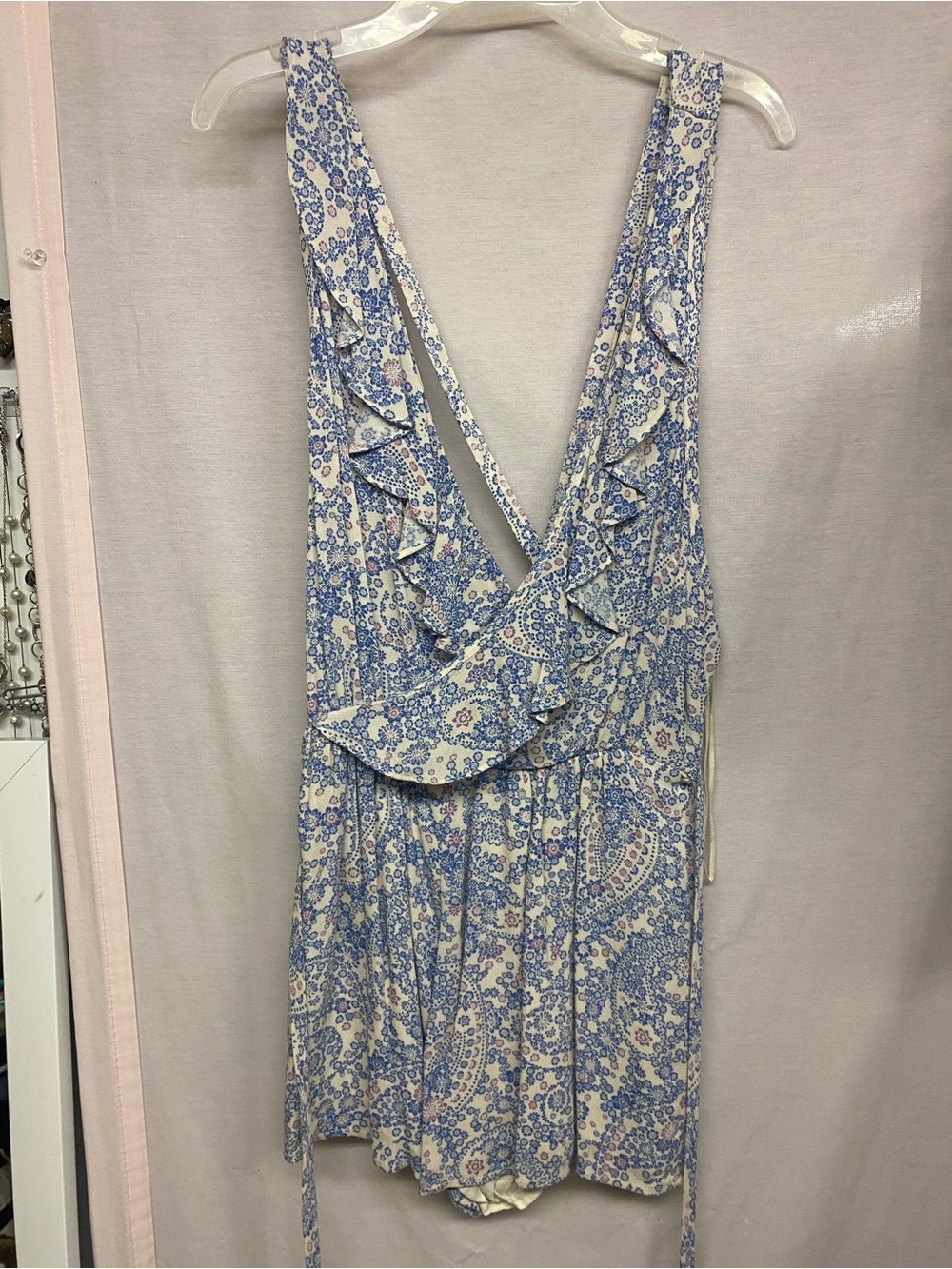 Free People Blue and White Floral Backless Ruffle Dress